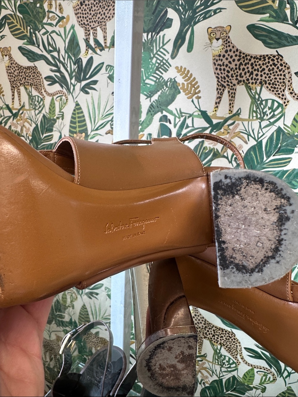 Salvatore Ferragamo Tan Leather T-Strap Heeled Sandals - Picture 7 of 8